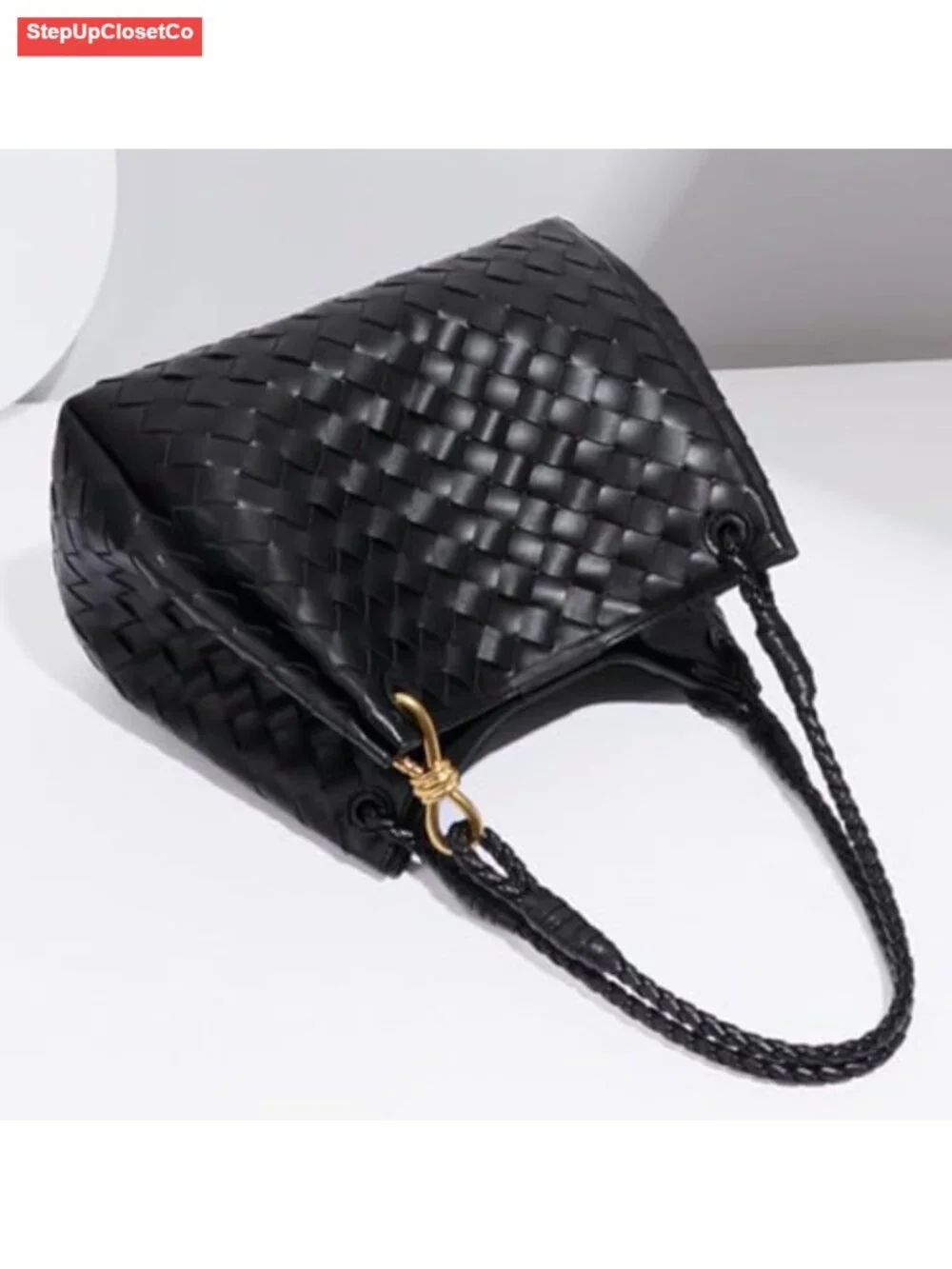 2 Pcs Slouchy PU Leather Woven Bucket Hobo Bags Women Underarm Shoulder